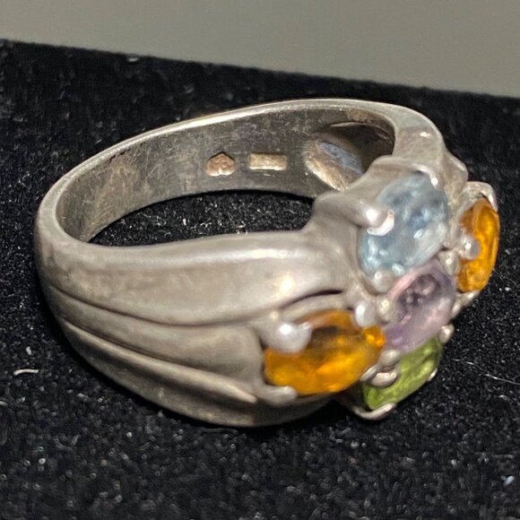 Ring 5 Stones Blue Topaz Amethyst Tourmaline Citrine Faceted Sterling Silver Sta - Picture 12 of 16